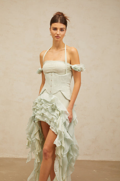 Aurohaya Patricia green floral-appliqué asymmetrical ruffled mini dress