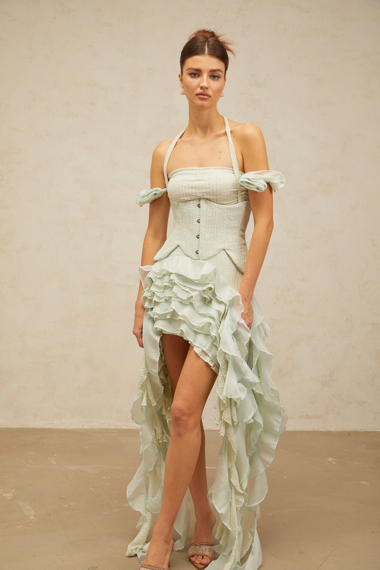 Aurohaya Patricia green floral-appliqué asymmetrical ruffled mini dress