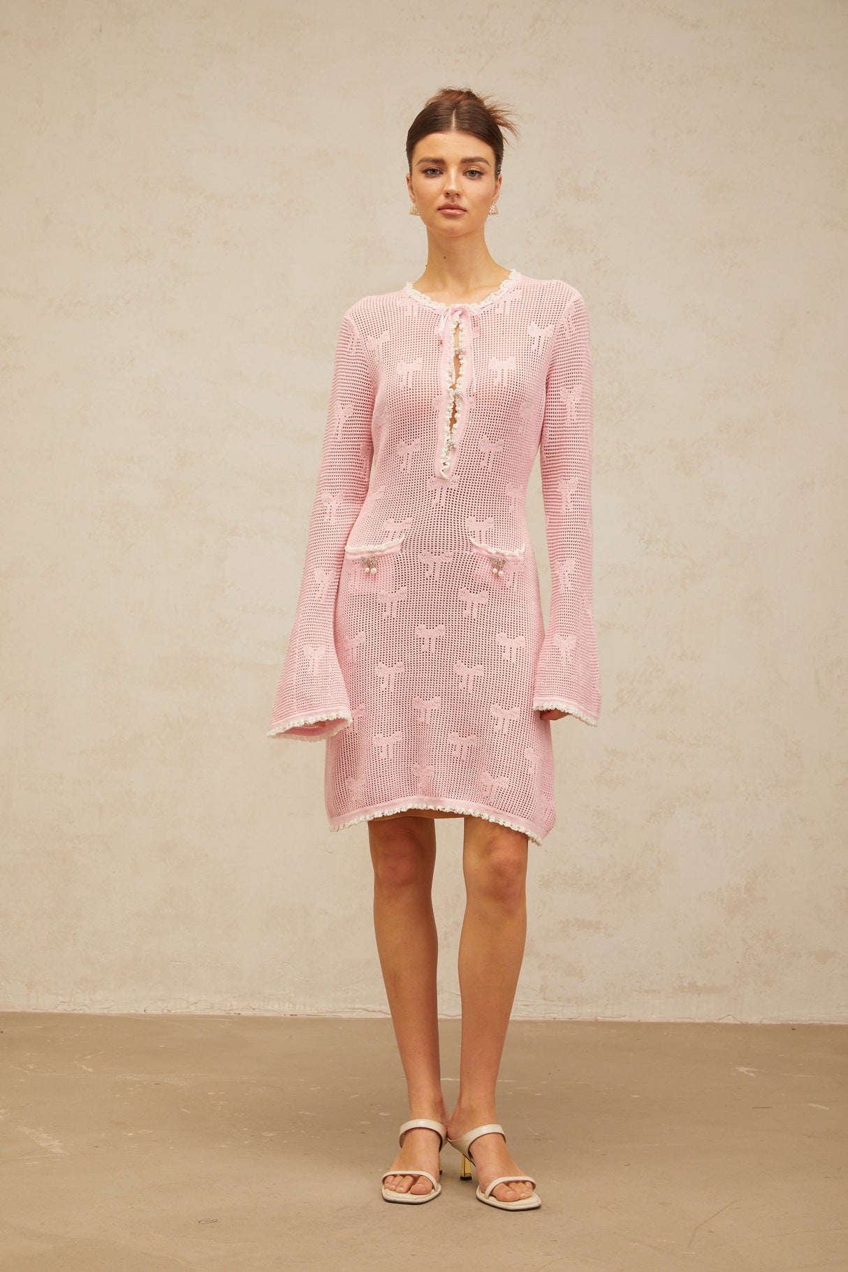 Aurohaya Marjolaine pink embellished crochet-knit mini dress