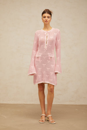 Aurohaya Marjolaine pink embellished crochet-knit mini dress