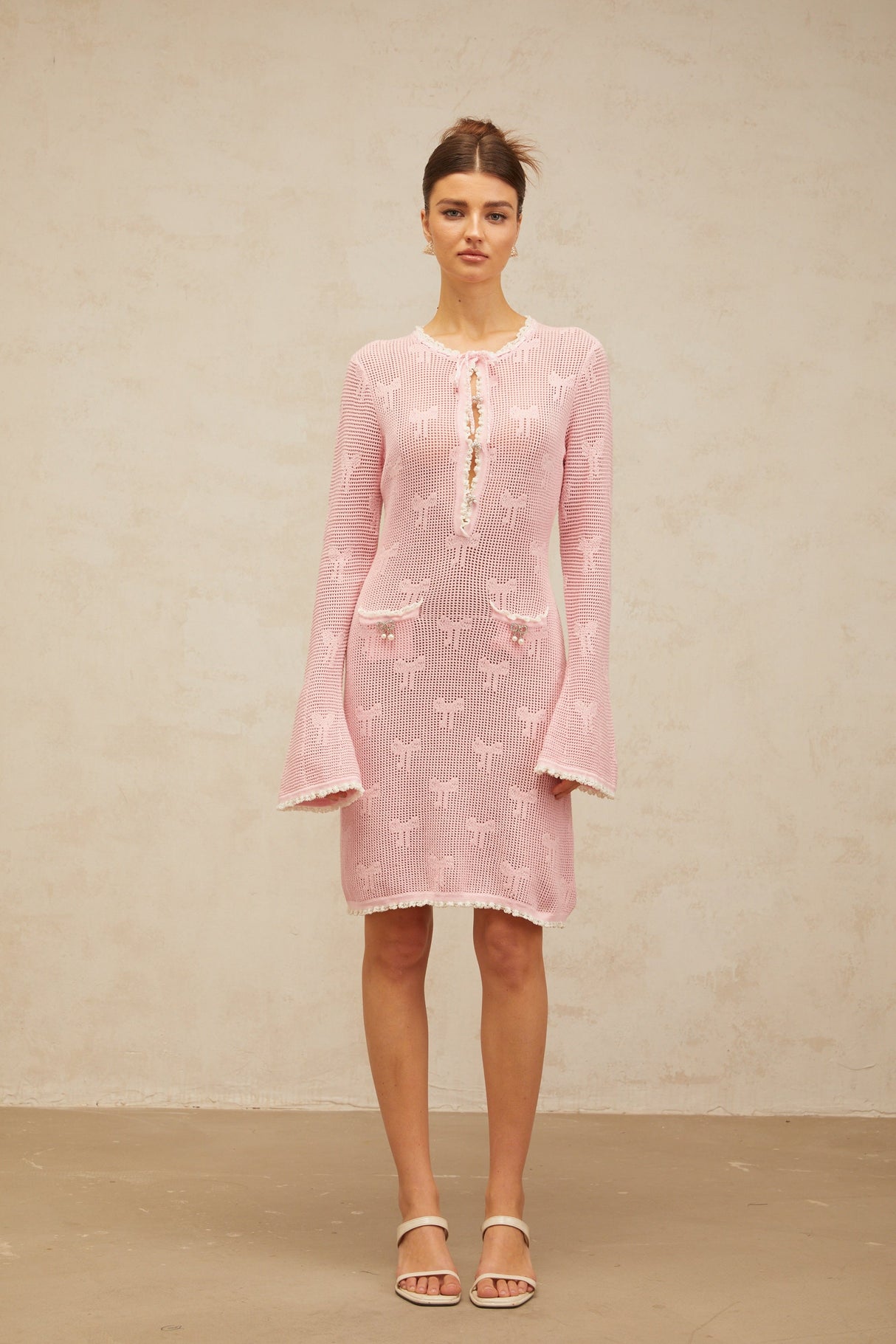 Aurohaya Marjolaine pink embellished crochet-knit mini dress