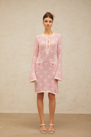 Aurohaya Marjolaine pink embellished crochet-knit mini dress