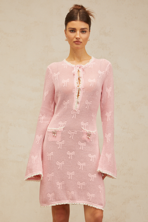 Aurohaya Marjolaine pink embellished crochet-knit mini dress