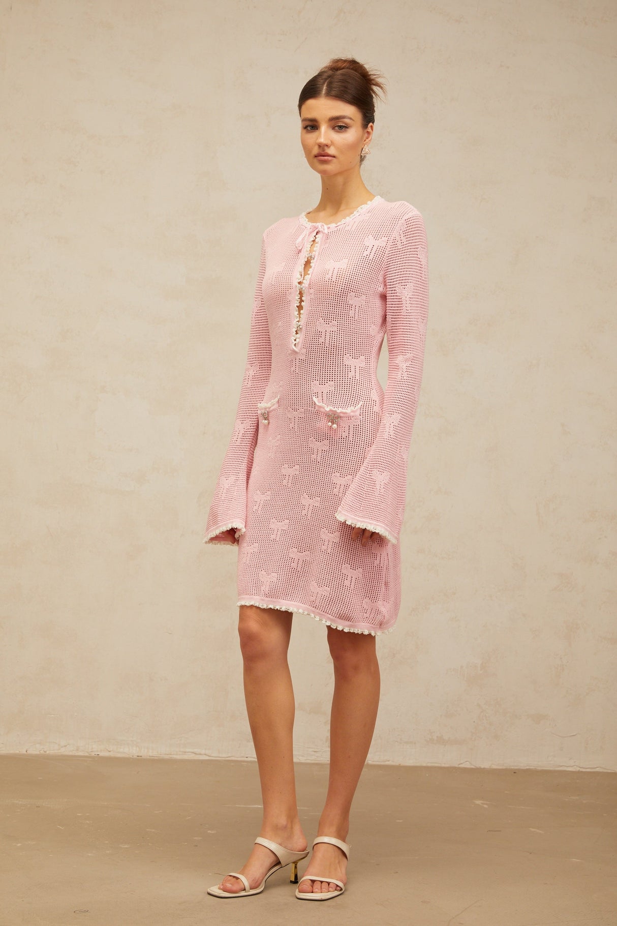 Aurohaya Marjolaine pink embellished crochet-knit mini dress