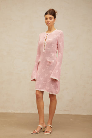 Aurohaya Marjolaine pink embellished crochet-knit mini dress