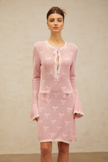 Aurohaya Marjolaine pink embellished crochet-knit mini dress
