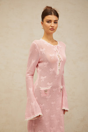 Aurohaya Marjolaine pink embellished crochet-knit mini dress