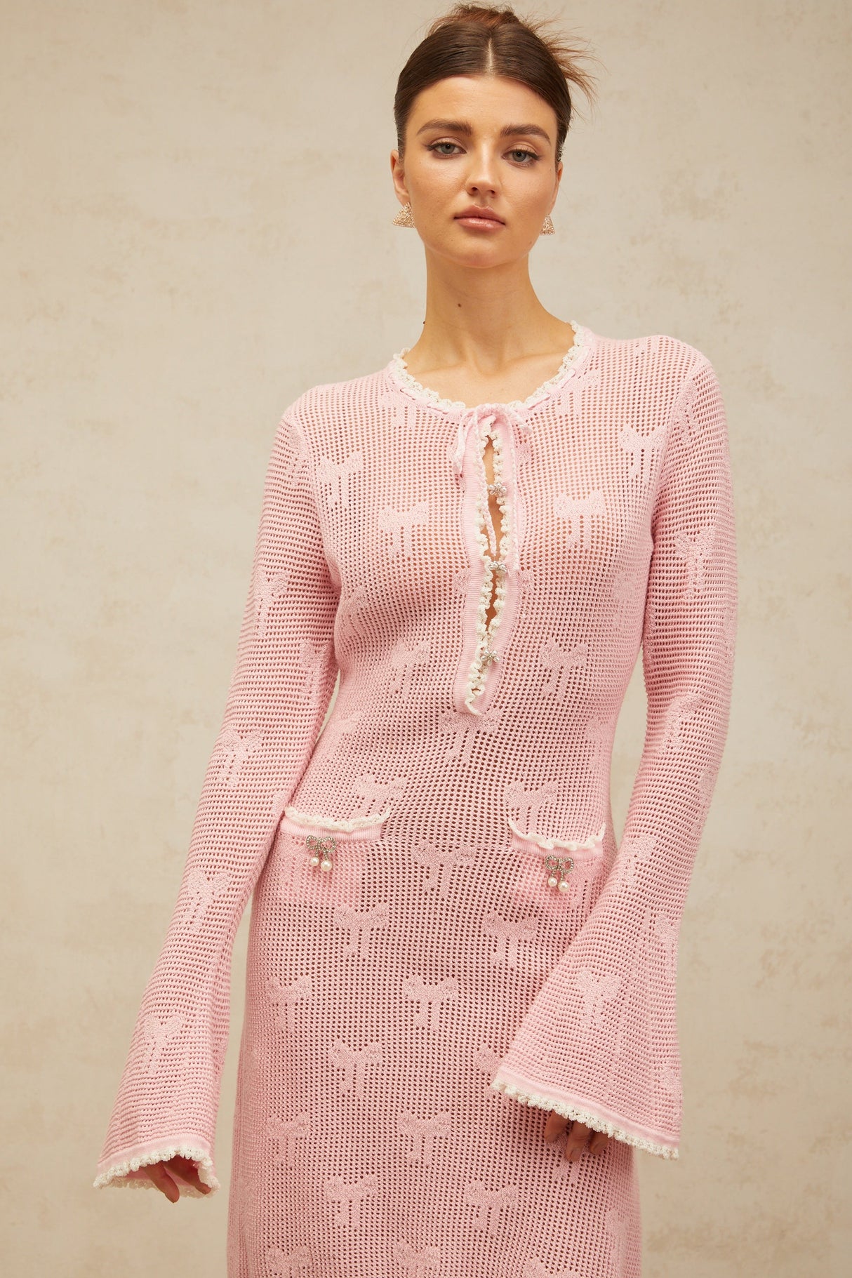 Aurohaya Marjolaine pink embellished crochet-knit mini dress