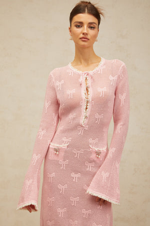 Aurohaya Marjolaine pink embellished crochet-knit mini dress