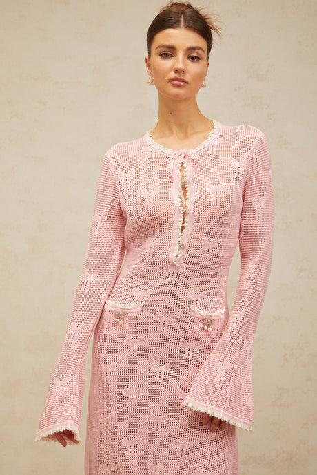 Aurohaya Marjolaine pink embellished crochet-knit mini dress