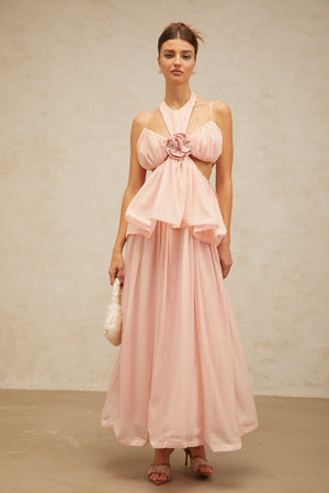 Aurohaya Danaé pink cut-out floral-appliqué maxi dress