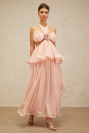 Aurohaya Danaé pink cut-out floral-appliqué maxi dress