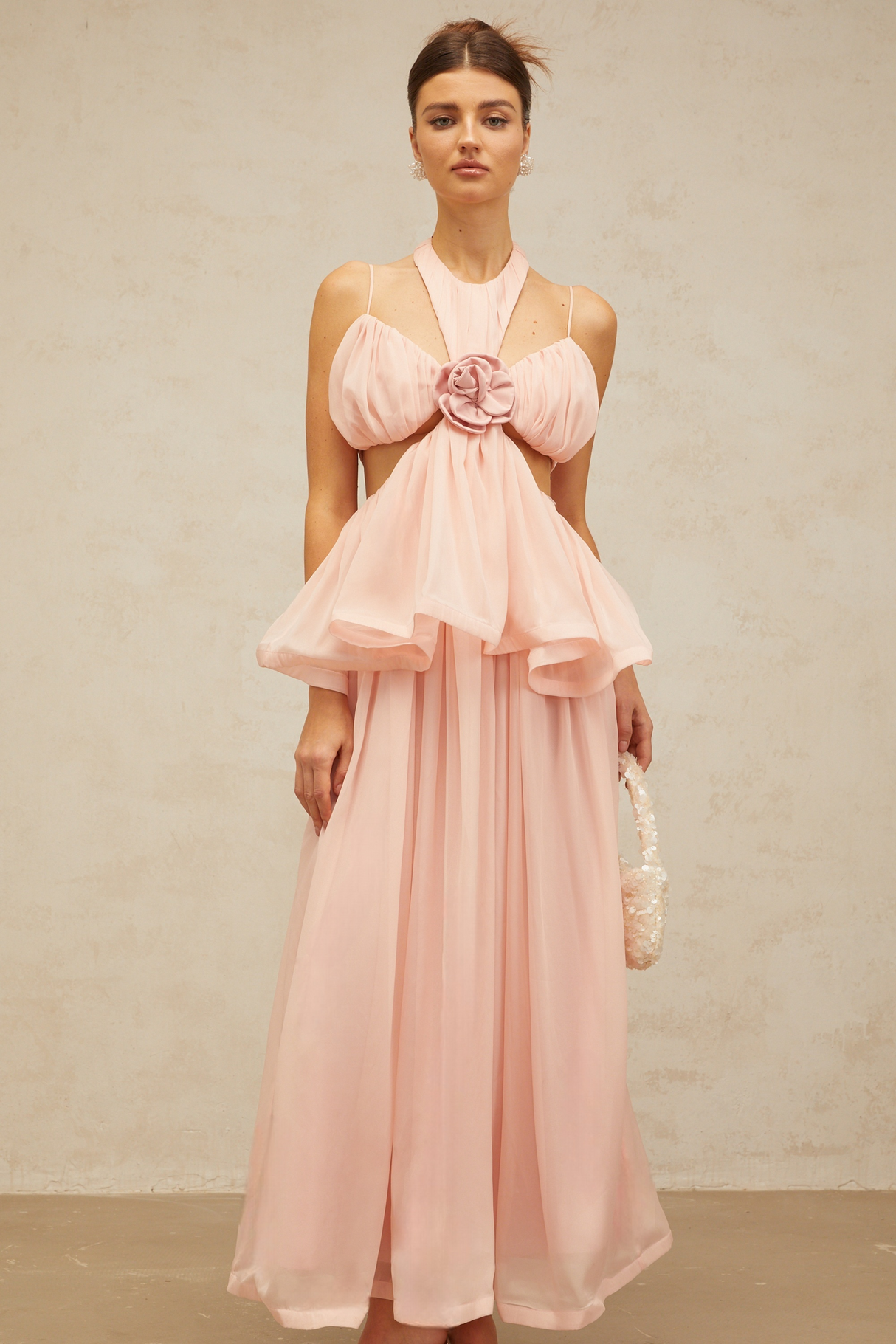 Aurohaya Danaé pink cut-out floral-appliqué maxi dress