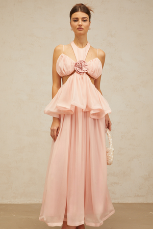 Aurohaya Danaé pink cut-out floral-appliqué maxi dress