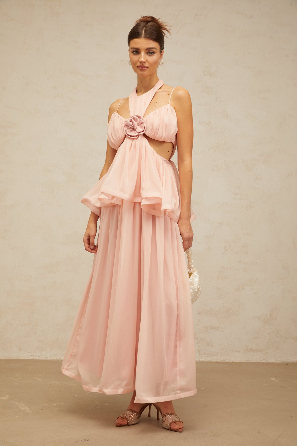 Aurohaya Danaé pink cut-out floral-appliqué maxi dress