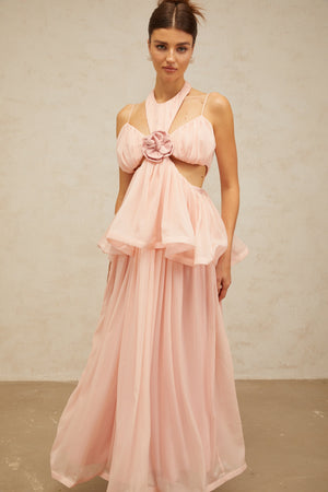 Aurohaya Danaé pink cut-out floral-appliqué maxi dress