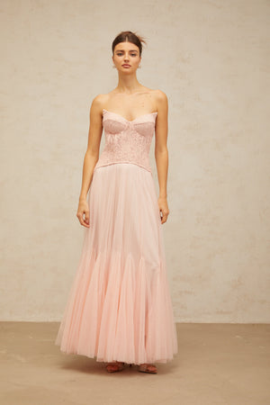 Aurohaya Ulrique Pink Lace Corset Tulle Maxi Dress