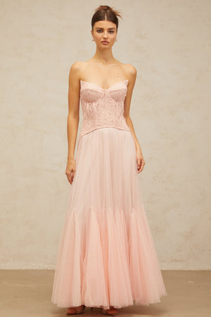 Aurohaya Ulrique Pink Lace Corset Tulle Maxi Dress