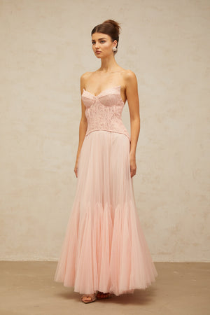 Aurohaya Ulrique Pink Lace Corset Tulle Maxi Dress