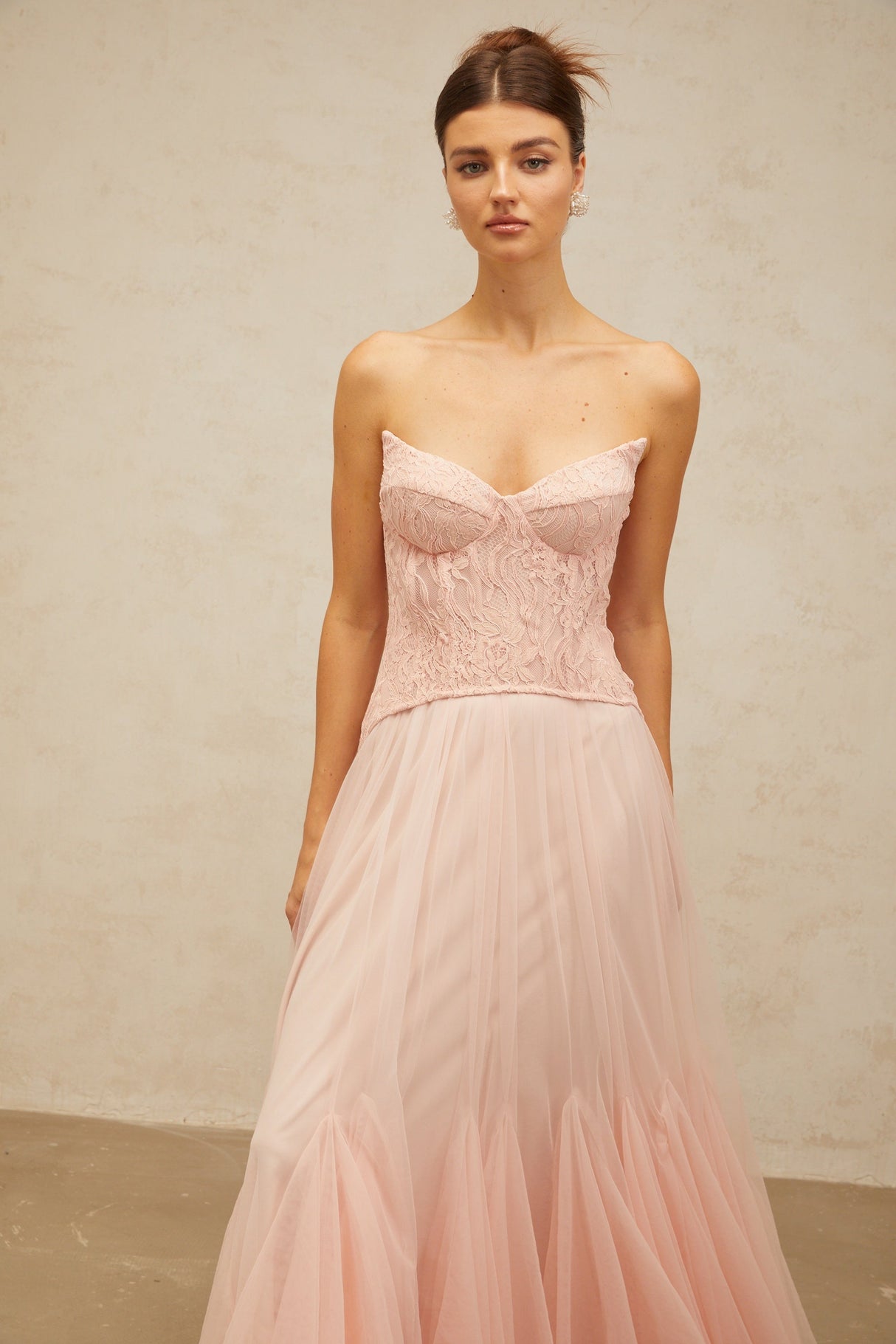 Aurohaya Ulrique Pink Lace Corset Tulle Maxi Dress
