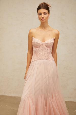 Aurohaya Ulrique Pink Lace Corset Tulle Maxi Dress