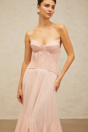 Aurohaya Ulrique Pink Lace Corset Tulle Maxi Dress