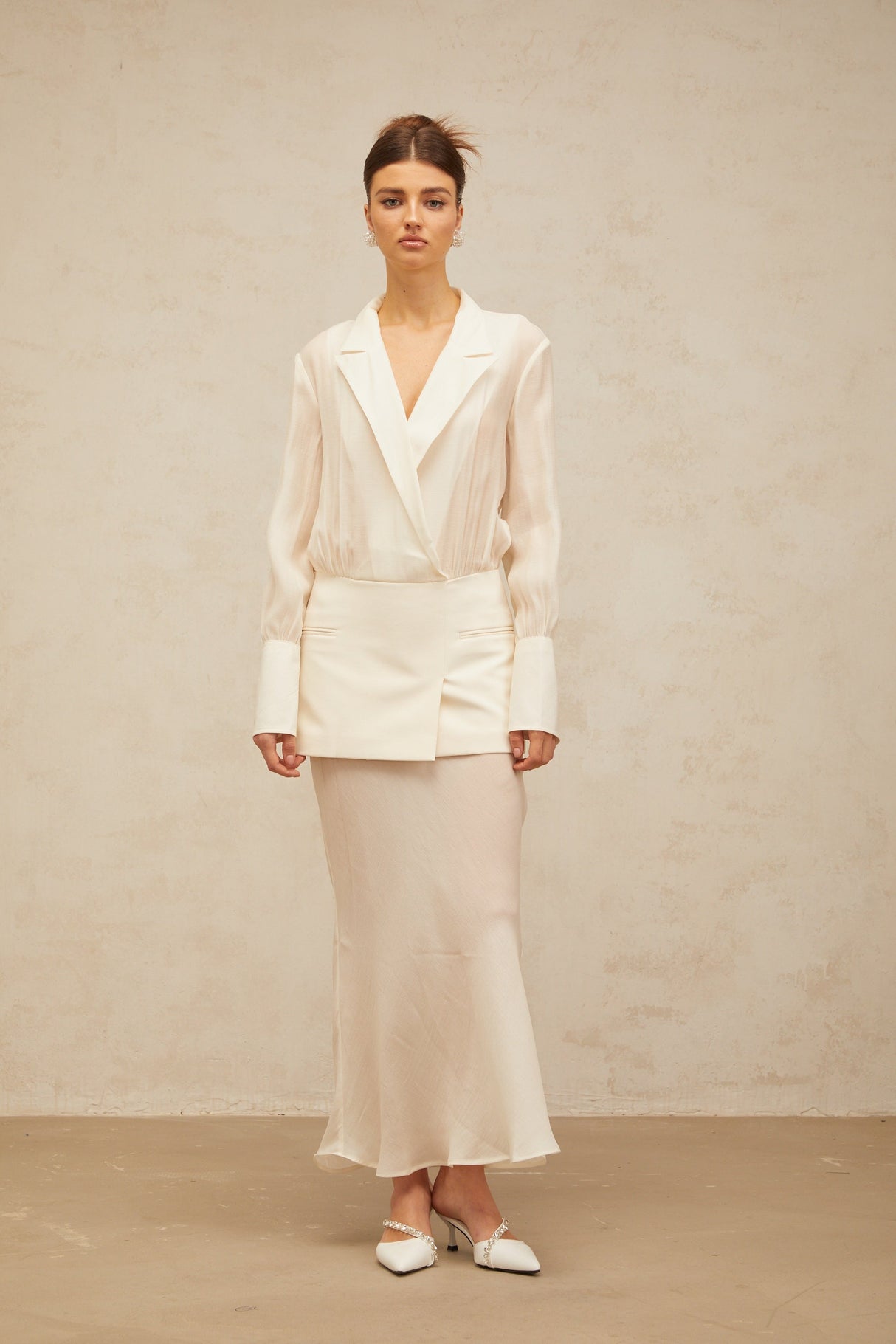Aurohaya Gisèle white panelled semi-sheer maxi dress
