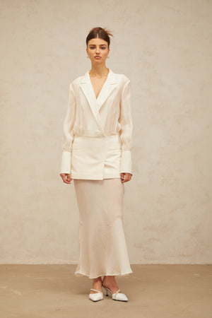 Aurohaya Gisèle white panelled semi-sheer maxi dress