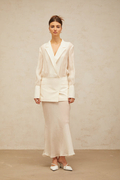 Aurohaya Gisèle white panelled semi-sheer maxi dress