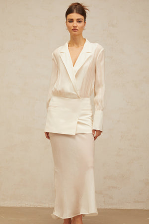 Aurohaya Gisèle white panelled semi-sheer maxi dress