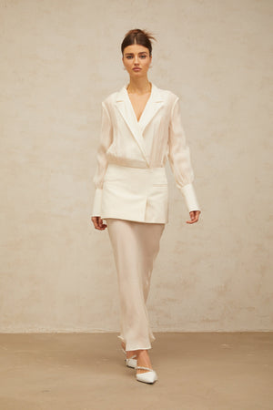 Aurohaya Gisèle white panelled semi-sheer maxi dress