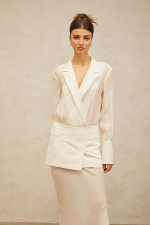 Aurohaya Gisèle white panelled semi-sheer maxi dress