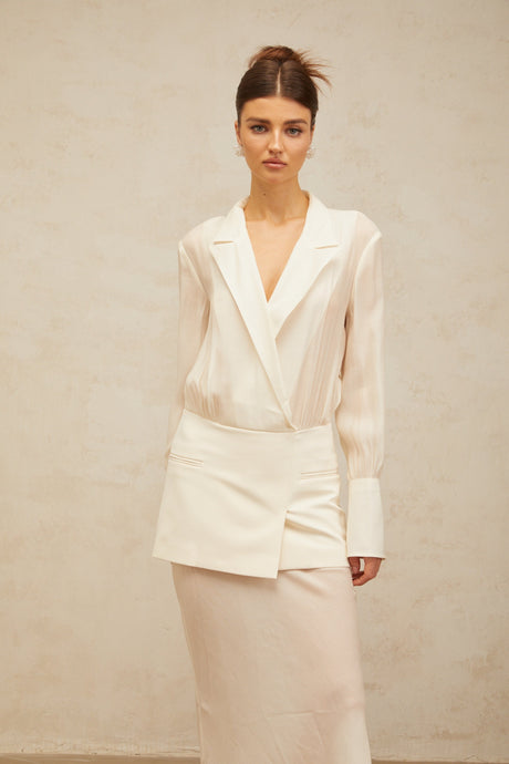 Aurohaya Gisèle white panelled semi-sheer maxi dress