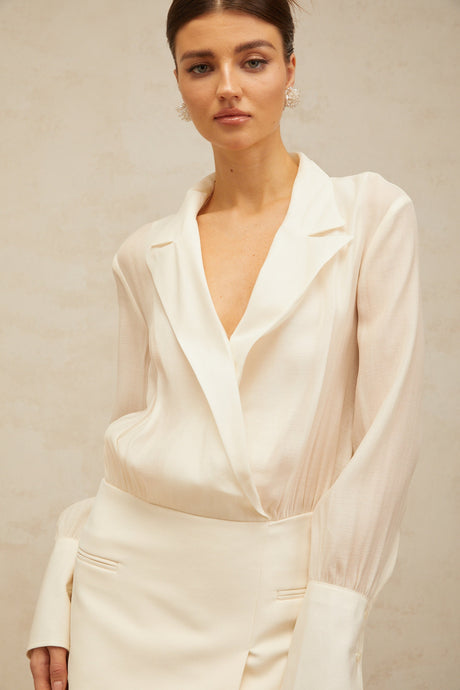Aurohaya Gisèle white panelled semi-sheer maxi dress