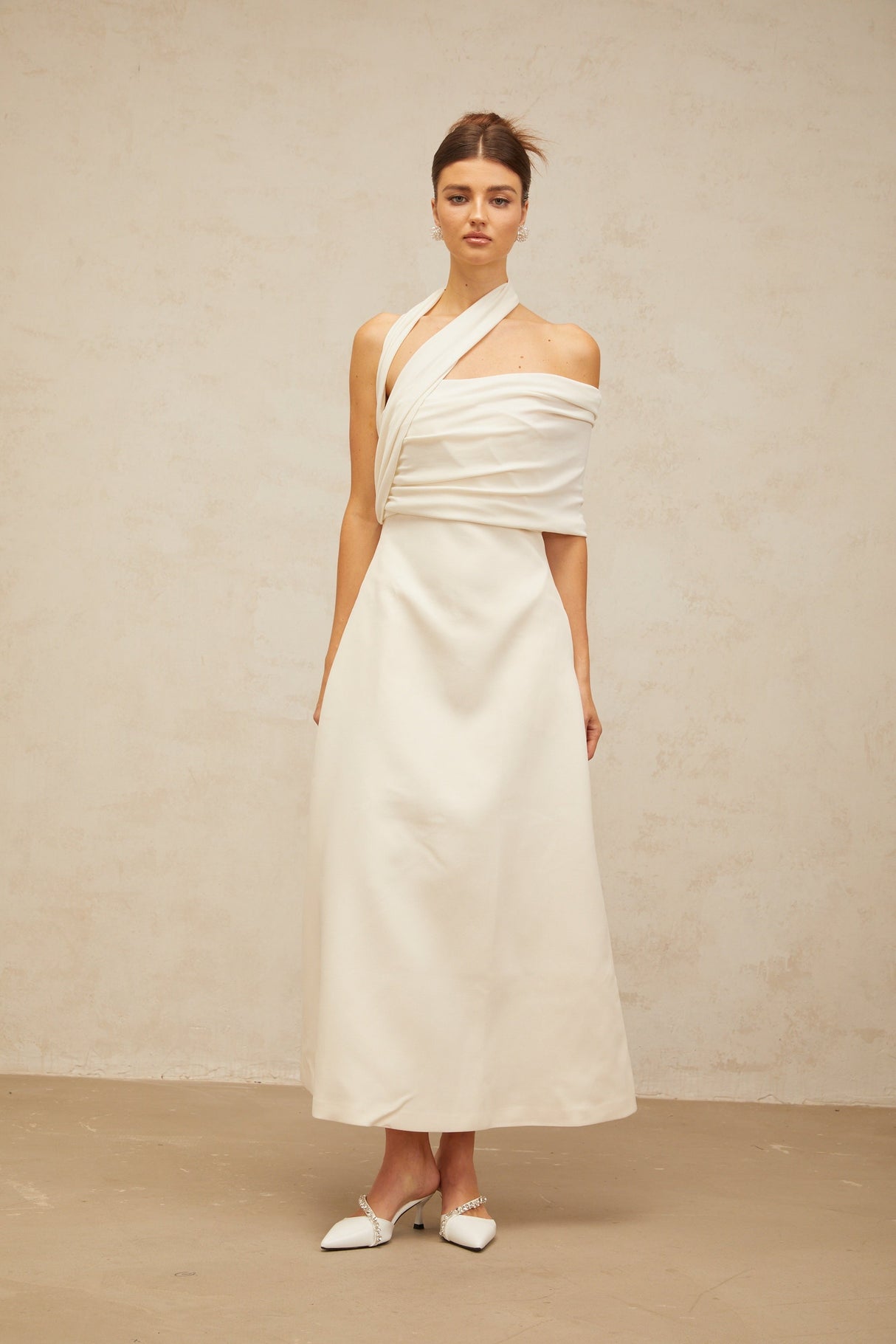 Aurohaya Solène cream-white asymmetrical midi dress