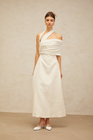 Aurohaya Solène cream-white asymmetrical midi dress