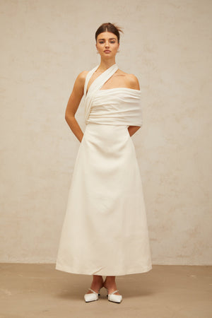 Aurohaya Solène cream-white asymmetrical midi dress