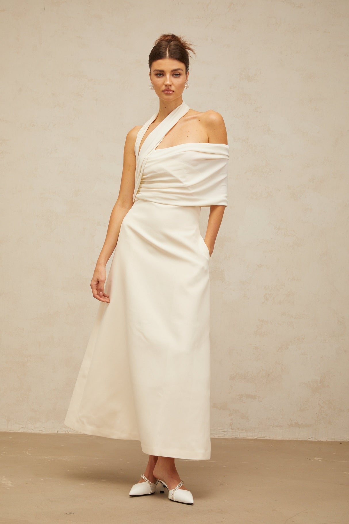 Aurohaya Solène cream-white asymmetrical midi dress