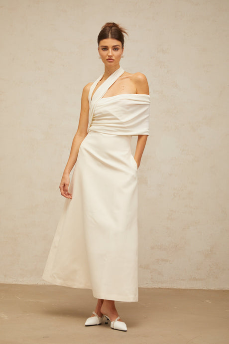 Aurohaya Solène cream-white asymmetrical midi dress