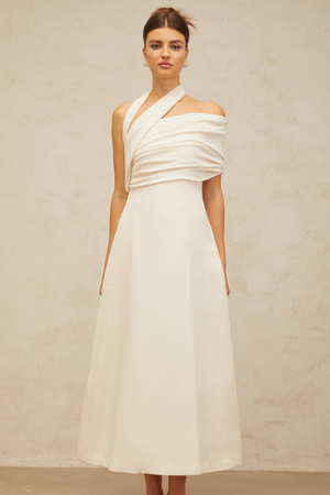 Aurohaya Solène cream-white asymmetrical midi dress