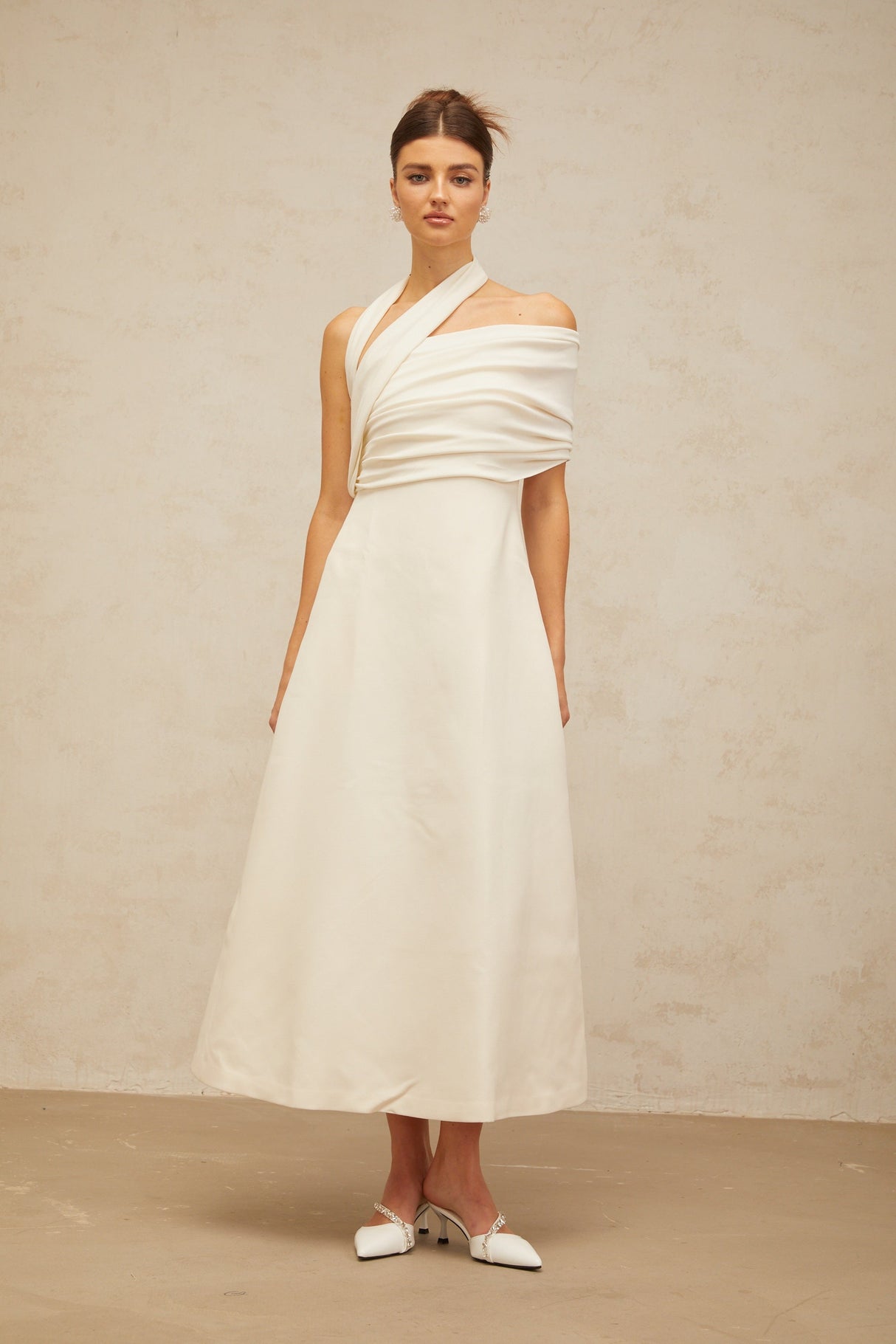 Aurohaya Solène cream-white asymmetrical midi dress