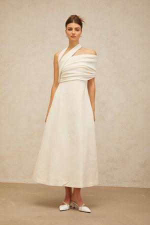 Aurohaya Solène cream-white asymmetrical midi dress