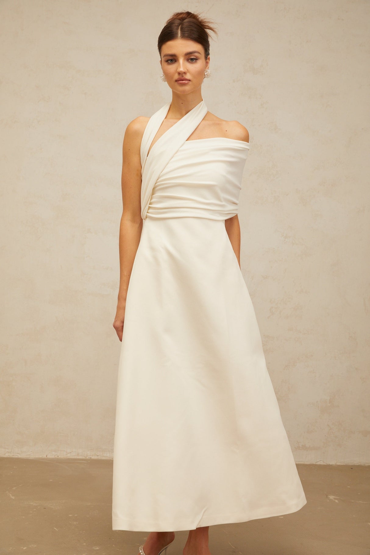 Aurohaya Solène cream-white asymmetrical midi dress