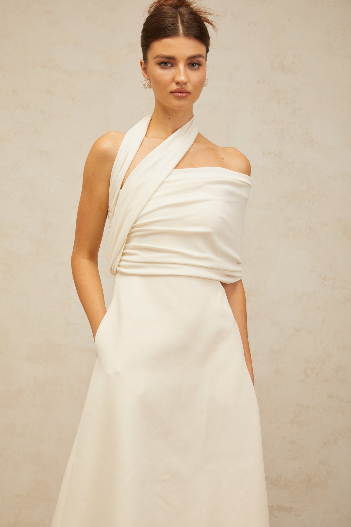 Aurohaya Solène cream-white asymmetrical midi dress