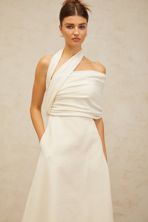 Aurohaya Solène cream-white asymmetrical midi dress