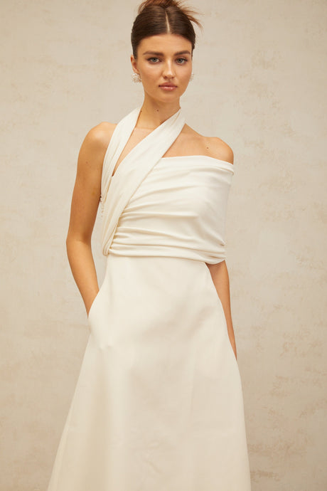 Aurohaya Solène cream-white asymmetrical midi dress