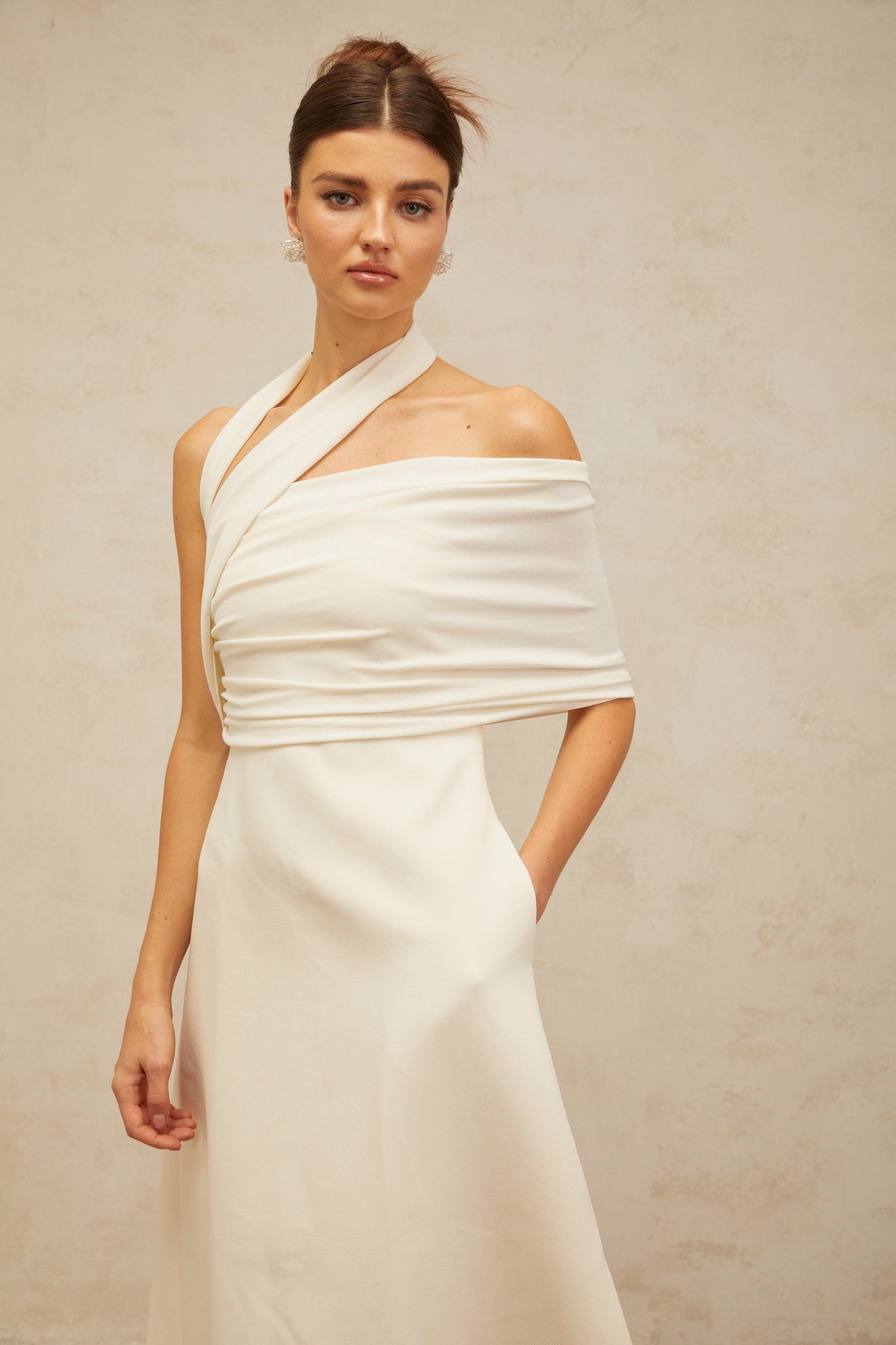 Aurohaya Solène cream-white asymmetrical midi dress