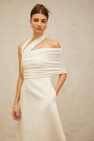 Aurohaya Solène cream-white asymmetrical midi dress