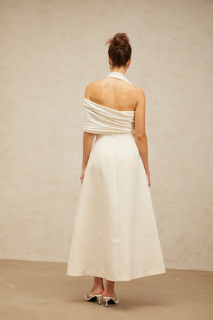 Aurohaya Solène cream-white asymmetrical midi dress