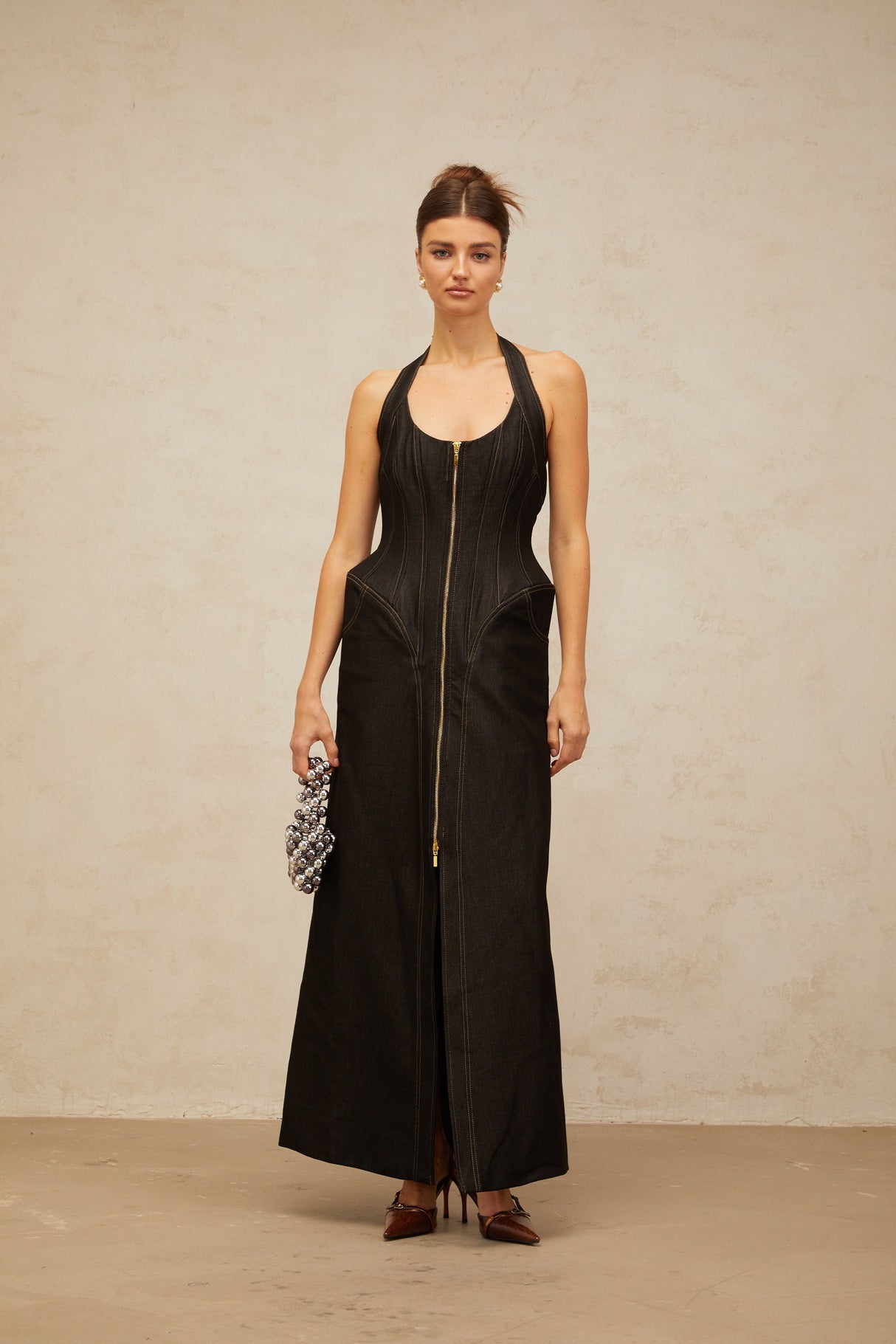 Aurohaya Adrienne black denim front-slit contrast-stitching maxi dress